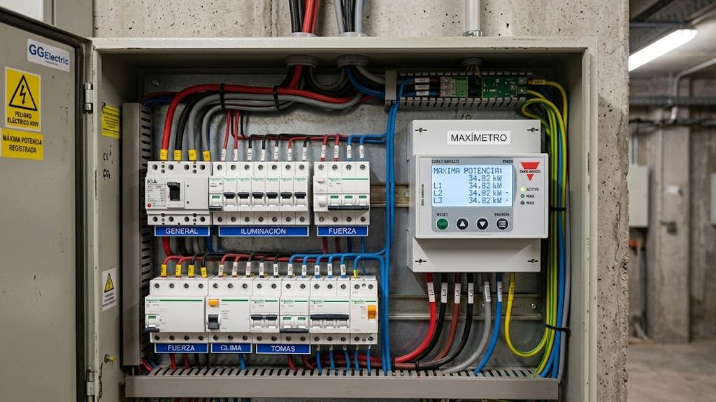 Cuadro eléctrico de un local con el maxímetro mostrando la máxima potencia registrada y los circuitos rotulados